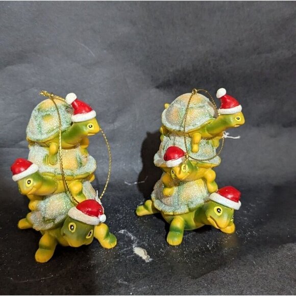 Glittery stacked Turtle Christmas Ornaments With Santa Hats - Set Of 2 - Picture 2 of 9